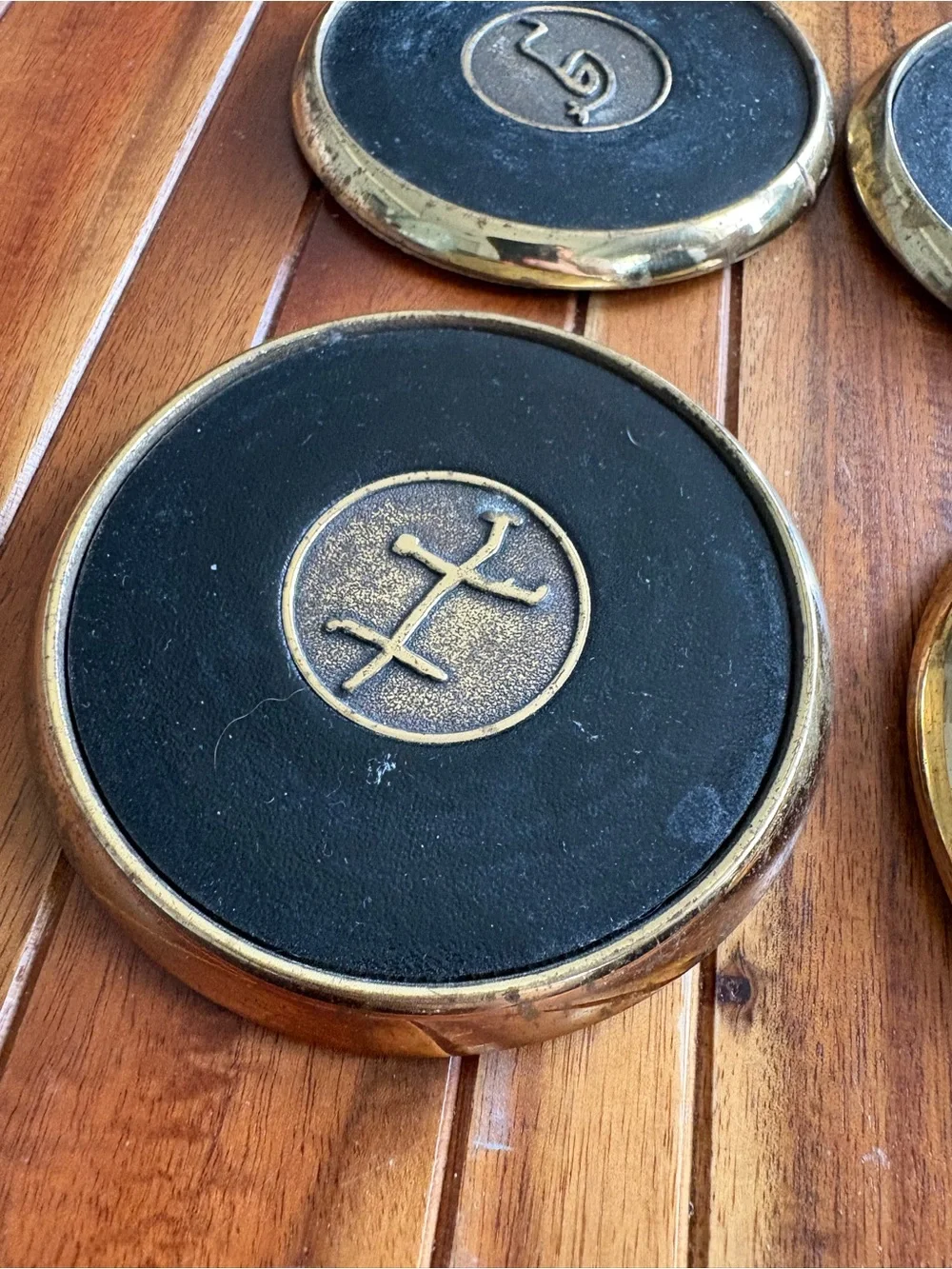 Vintage Solid Brass Leather & Cork Coaster Set of 4 Early Christian Symbols